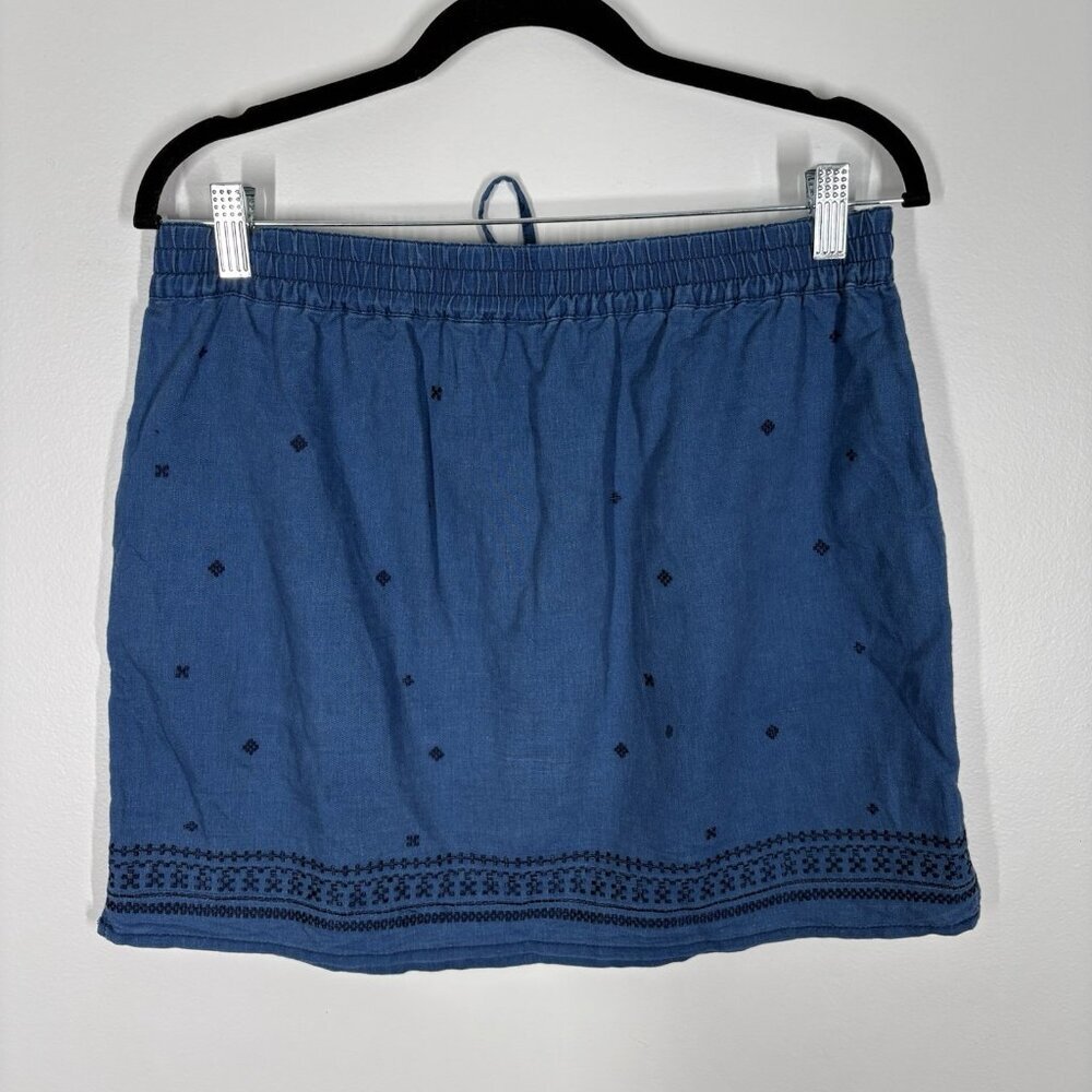J.Crew Women S Blue Chambray Linen Cotton Embroidered Drawstring Mini Skirt - Picture 7 of 10